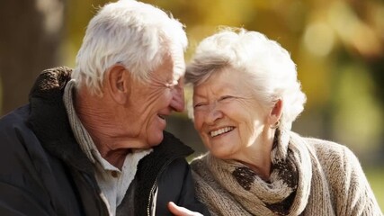 An elderly man and woman smile at each other while sitting outdoors on a sunny autumn day.