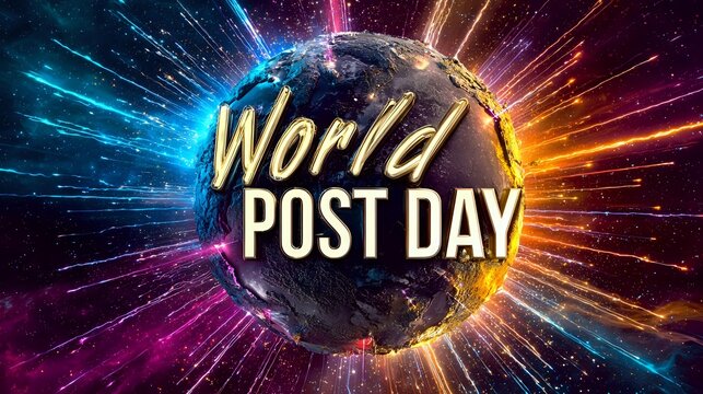 Vibrant cosmic envelopes glowing across radiant trails surrounding bold text "World Post Day"