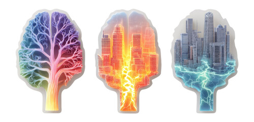 Colorful Tree Silhouettes with Cityscape and Lightning Effects on Transparent Background