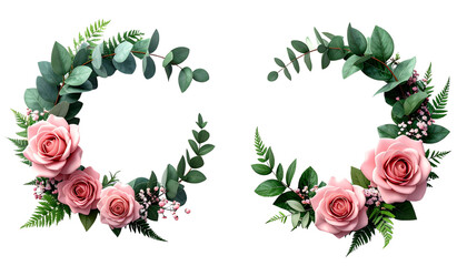 Two floral leaf wreath variations isolated on transparent background