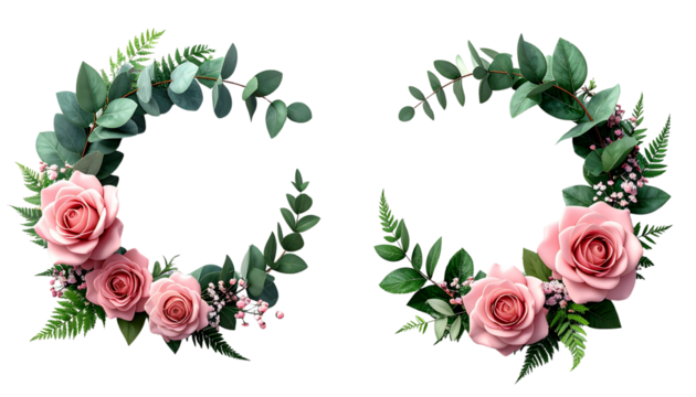 Two floral leaf wreath variations isolated on transparent background