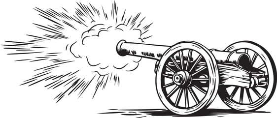 Fototapeta premium Vintage cannon firing a powerful blast silhouette vector illustration 