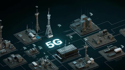 5G network infrastructure with multiple base stations, antennas on towers, and connected data hubs on platforms. - Powered by Adobe