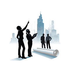 Architects and engineers in silhouette reviewing blueprints with city skyline background Keywords: architecture, blueprint, city, skyline, construction, planning, design, building, real estate