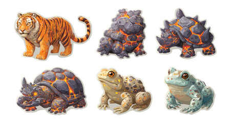Isolated Artistic Illustrations of Lava-Textured Animals on Transparent Background