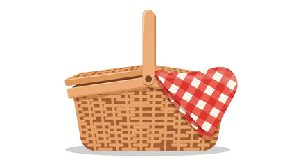 Picnic basket vector illustration with red and white checkered cloth for outdoor summer recreation design