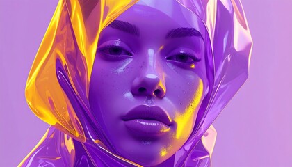 A digital portrait of a woman with translucent fabric draped over her head, bathed in neon purple and yellow light