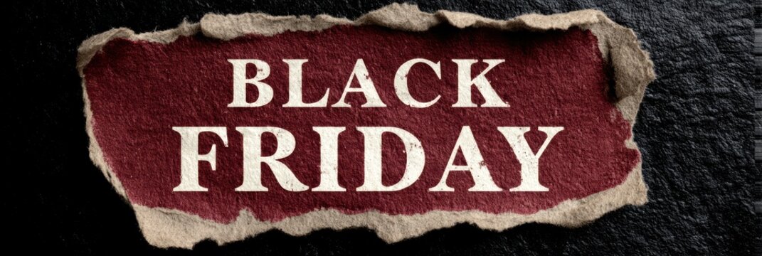 black friday sale banner, vintage, indie or alternative clothing stores can use the grunge black friday header banner with torn paper textures, stenciled fonts, rough brushstroke sale text, and
