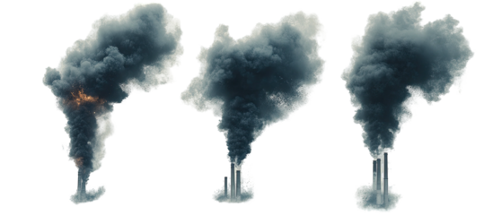 Triple exhaust stacks plume dark smoke against black, one with visible fire