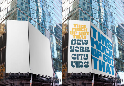 A large blank billboard mockup is showcased on a prominent building corner in New York City, surrounded by reflective glass architecture. PSD template mockup