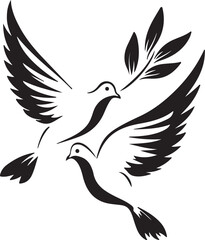 Obraz premium Two doves flying with olive branch vector silhouette