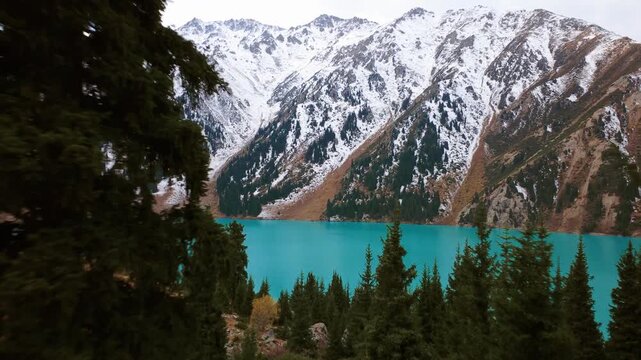 Drone shot of Big Almaty Lake in autumn