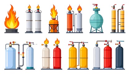 A collection of cartoon illustrations depicting various industrial gas tanks and flames, showing diverse colors and shapes against a white background