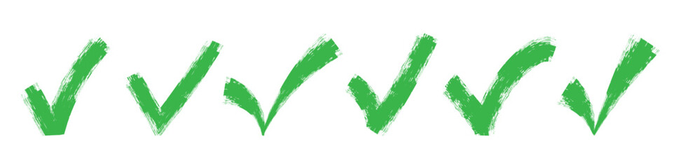 Collection of hand drawn doodle tick symbol, chalk checkmark illustration. Green check mark icon set. Green brush stroke check mark, tick symbols, checklist signs.