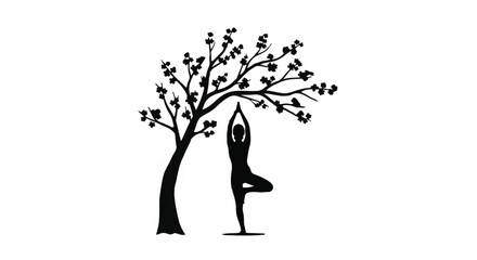 Fototapeta premium Silhouette of a person in tree pose yoga beneath a stylized tree, symbolizing balance and nature