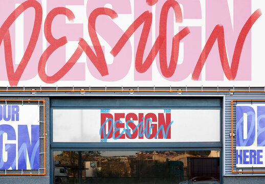  storefront mockup featuring four blank canvas areas for advertising or branding. PSD template mockup