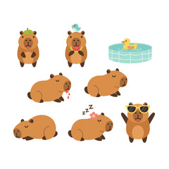 Fototapeta premium A collection of adorable and humorous capybara characters, featuring a cute rodent, rendered as vector illustrations of charming cartoon animals