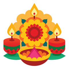 Diwali Gift Arrangement with Glowing Diyas and Marigold Garlands on White Background