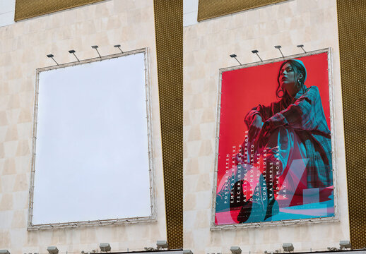 Vertical Blank billboard mounted on a building exterior awaits an advertisement. Mockup for Ads