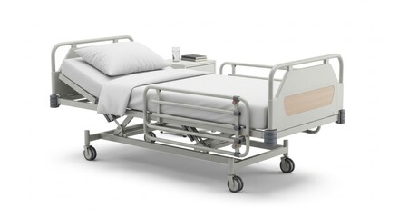 Empty Hospital Bed Equipment on Clean White Surface