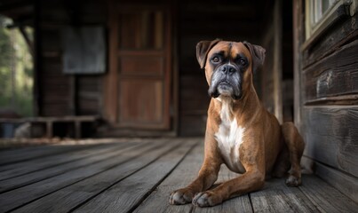 Boxer dog resting on wooden floor near a rustic building.