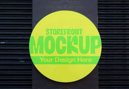 Circular Retail Sign Mockup on a Dark storefront Wall. 