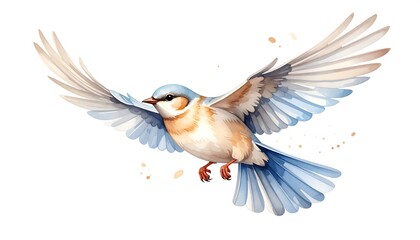 Obraz premium A delicate watercolor illustration of a bird in mid-flight, showcasing soft pastel hues and expressive brushstrokes. The bird's wings are spread