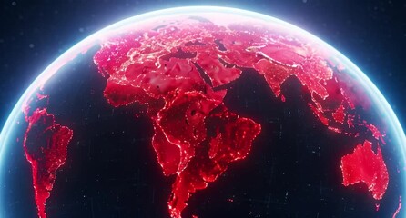 A glowing red earth seen from space, with continents illuminated by bright lights animated 4k video