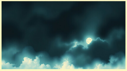 Bright moon peeking through dark dramatic clouds in a mysterious night sky wallpaper background frame