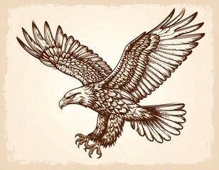 Fototapeta premium A detailed ink drawing of an eagle in mid-flight against an aged parchment background, showcasing its powerful wingspan and sharp talons