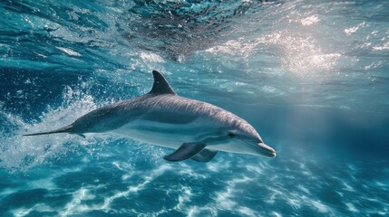 Fototapeta premium A dolphin swims in clear turquoise water, sunlight streaming through the surface