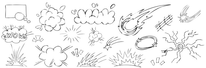 Cartoon line effects icon set. Manga speed elements, movement, burst, sketched motion