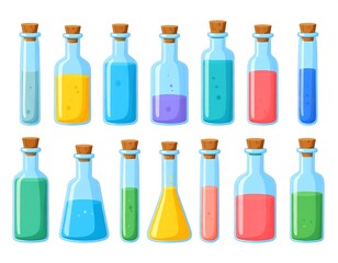A collection of cartoonish glass bottles, each sealed with a cork and holding a vibrant, differently colored liquid. The arrangement is two rows of six