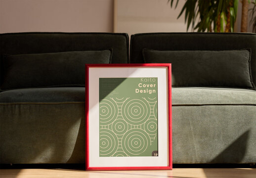 Mockup of blank frame resting on a green sofa in a bright, cozy living room.