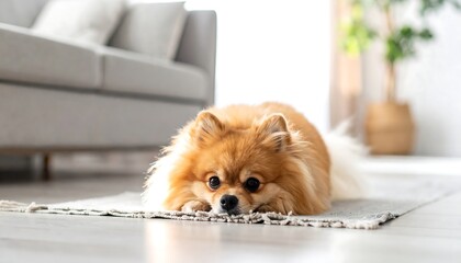 A fluffy, tan-colored dog with a white tail is lying on a woven rug in front of a couch, inside a bright room