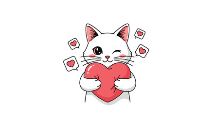 Fototapeta premium A cute white cat holds a large pink heart surrounded by smaller hearts.