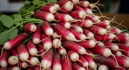 Pile of Fresh Radishes at Farmers Market.