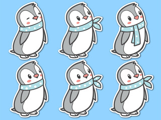 Six Cute Penguin Stickers with Blue Polka Dot Scarves on a Light Blue Background