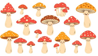 A collection of cartoonish mushrooms with smiling faces and various cap colors, presented against a white background