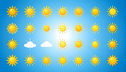 A collection of cartoon suns of various designs, arranged in rows against a graduated blue background. Two white clouds are positioned between the suns