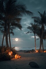 Moonlit halloween beach with carved pumpkins and palm trees