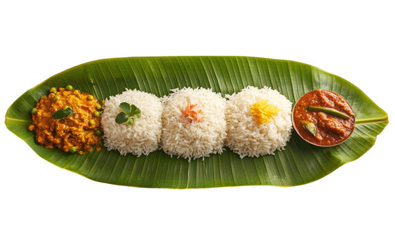 Rice & curries on banana leaf. Indian, Kerala cuisine, onam sadhya dish