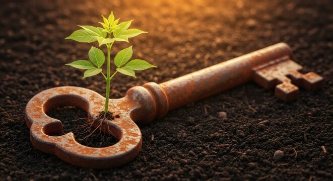 Rusty key with sapling growing through it, growth concept. - Powered by Adobe
