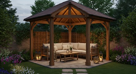 Naklejka premium Enchanting Wooden Gazebo Oasis Illuminated by Warm Lantern Light in Lush Garden Setting.