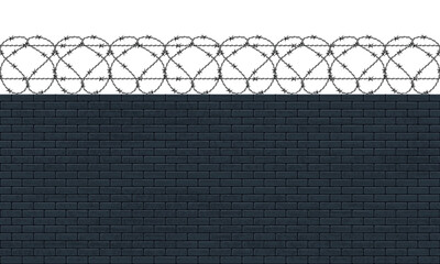 Seamless barbed wire and brick wall. Black brick wall with barbed wire.