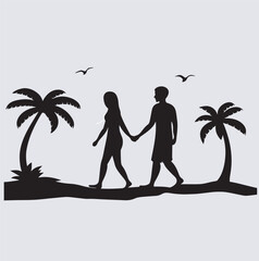 couple holding hands and walking together silhouette vector art illustration, couple on the beach