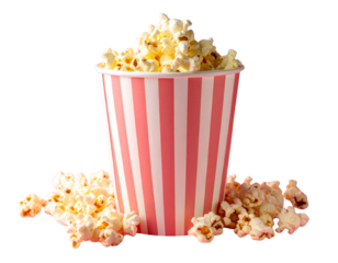 Classic striped container overflowing with buttery popcorn against a vibrant pink bac