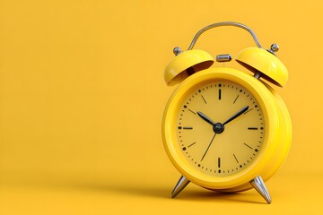 Retro style yellow twin bell alarm clock with a classic analog face on a vibrant yellow background