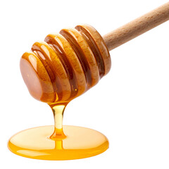 Honey dripping from a wooden dipper against a black background