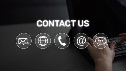 UI concept for contact us section showing icons for email, web, phone, and message. Contact and support icons help streamline business communication and improve customer contact experience. Muxer